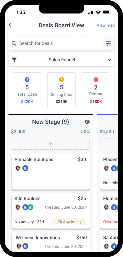 Kanban Deals Board on mobile